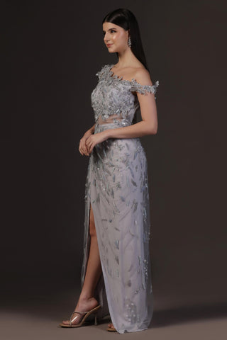 Gown for Cocktail/Sangeet – Blue Draped by Pooja Peshoria