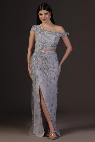 Gown for Cocktail/Sangeet – Blue Draped by Pooja Peshoria