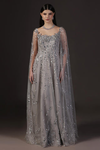 Gown With Cape for Wedding Reception – Silver Crystal Embellished by Pooja Peshoria