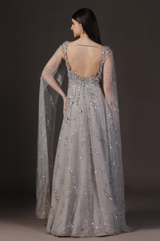 Gown With Cape for Wedding Reception – Silver Crystal Embellished by Pooja Peshoria