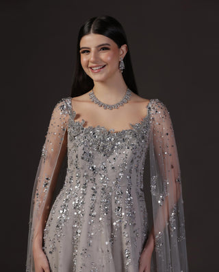 Gown With Cape for Wedding Reception – Silver Crystal Embellished by Pooja Peshoria