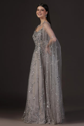 Gown With Cape for Wedding Reception – Silver Crystal Embellished by Pooja Peshoria