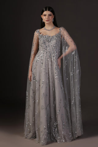 Gown With Cape for Wedding Reception – Silver Crystal Embellished by Pooja Peshoria