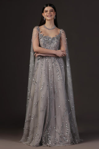 Gown With Cape for Wedding Reception – Silver Crystal Embellished by Pooja Peshoria