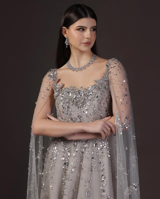 Gown With Cape for Wedding Reception – Silver Crystal Embellished by Pooja Peshoria