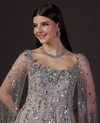 Gown With Cape for Wedding Reception – Silver Crystal Embellished by Pooja Peshoria
