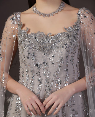 Gown With Cape for Wedding Reception – Silver Crystal Embellished by Pooja Peshoria