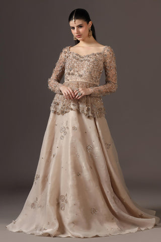 Lehenga Set for Wedding Reception – Beige Peplum Top by Pooja Peshoria