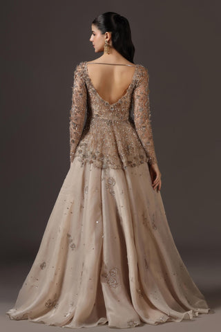 Lehenga Set for Wedding Reception – Beige Peplum Top by Pooja Peshoria