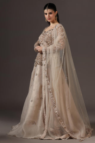 Lehenga Set for Wedding Reception – Beige Peplum Top by Pooja Peshoria