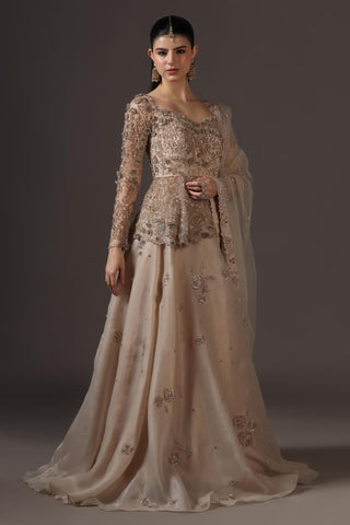 Lehenga Set for Wedding Reception – Beige Peplum Top by Pooja Peshoria
