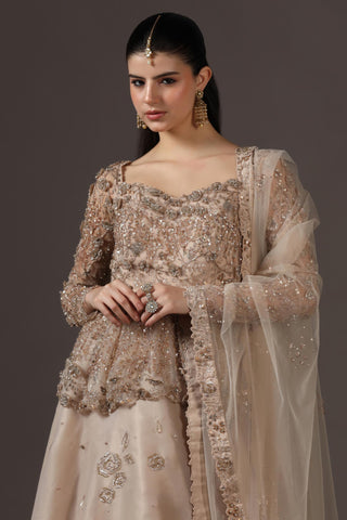 Lehenga Set for Wedding Reception – Beige Peplum Top by Pooja Peshoria