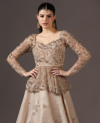 Lehenga Set for Wedding Reception – Beige Peplum Top by Pooja Peshoria
