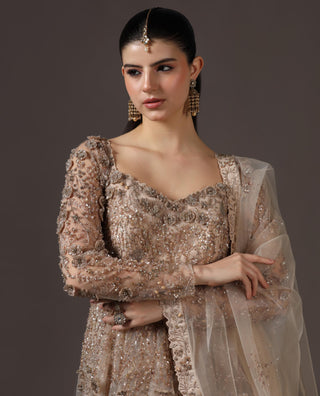 Lehenga Set for Wedding Reception – Beige Peplum Top by Pooja Peshoria