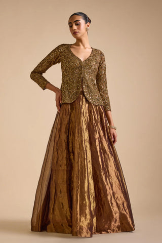 Jacket With Lehenga Set For Indian Wedding - Brown Mocha Jacket Set by Prevasu
