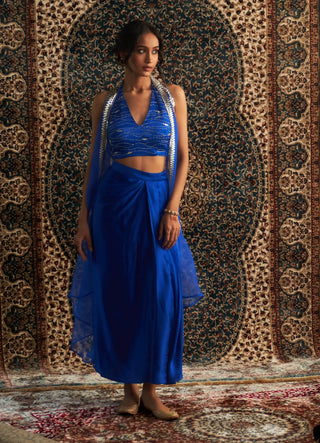 Blue embroidered jacket and draped skirt set