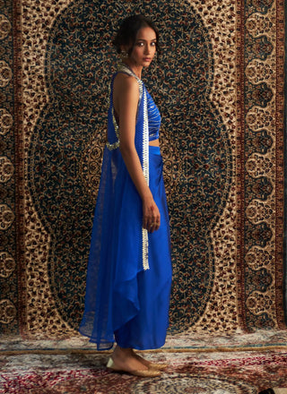 Blue embroidered jacket and draped skirt set