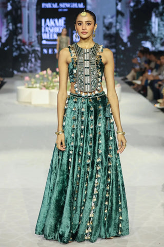 Raina emerald green embroidered choli with slit skirt