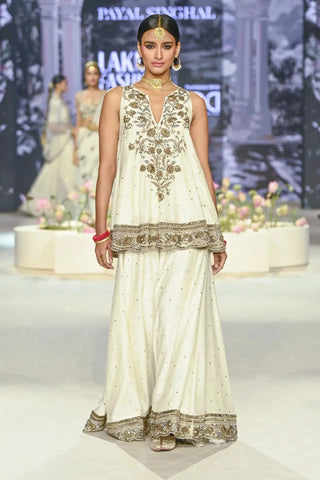 Ivory embroidered short anarkali with sharara and dupatta