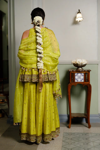 Mehendi green embroidered short anarkali and sharara with dupatta
