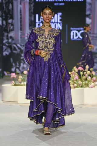 Purple embroidered high low anarkali and churidar wth dupatta