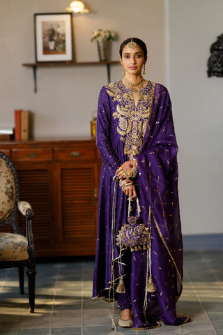 Purple embroidered high low anarkali and churidar wth dupatta