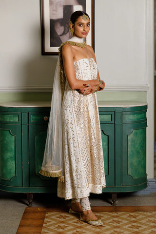 Off white tube anarkali with churidar and dupatta