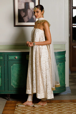 Off white tube anarkali with churidar and dupatta