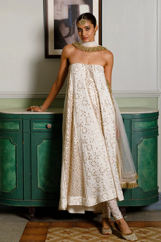 Off white tube anarkali with churidar and dupatta
