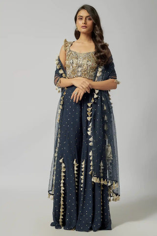 Navy embroidered back tie-up choli and sharara set