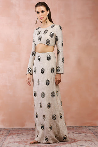 Crushed dull gold embroidered skirt and choli