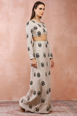 Crushed dull gold embroidered skirt and choli