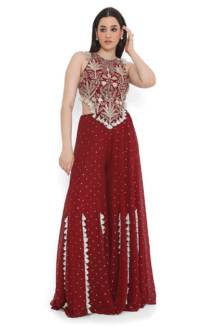 Maroon embroidered tie-up choli with sharara