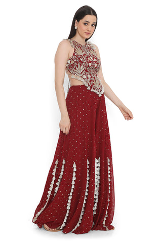 Maroon embroidered tie-up choli with sharara