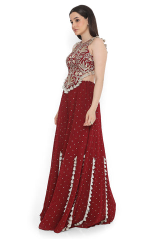 Maroon embroidered tie-up choli with sharara