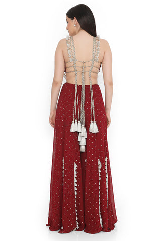 Maroon embroidered tie-up choli with sharara