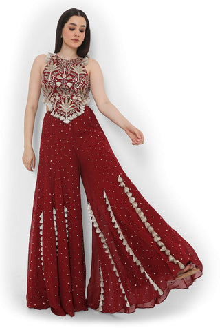 Maroon embroidered tie-up choli with sharara