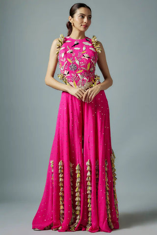 Hot pink georgette tie-up choli and mukaish sharara
