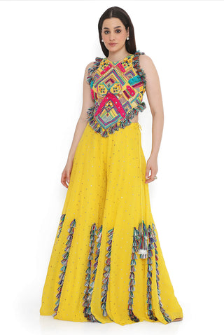 Yellow embroidered back tie-up choli with sharara
