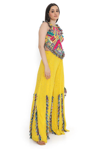 Yellow embroidered back tie-up choli with sharara