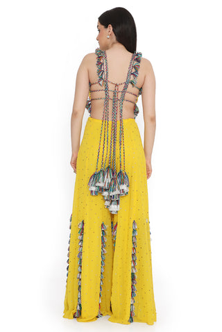 Yellow embroidered back tie-up choli with sharara