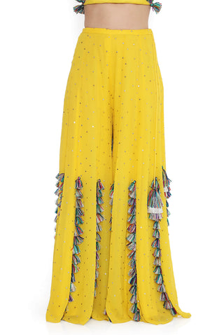 Yellow embroidered back tie-up choli with sharara