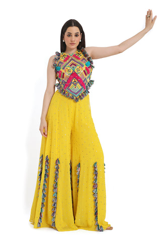 Yellow embroidered back tie-up choli with sharara