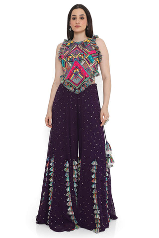 Purple embroidered back tie-up choli with sharara