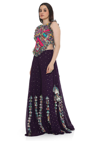 Purple embroidered back tie-up choli with sharara