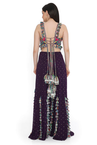 Purple embroidered back tie-up choli with sharara