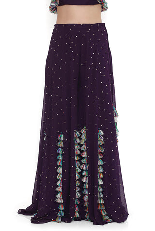Purple embroidered back tie-up choli with sharara