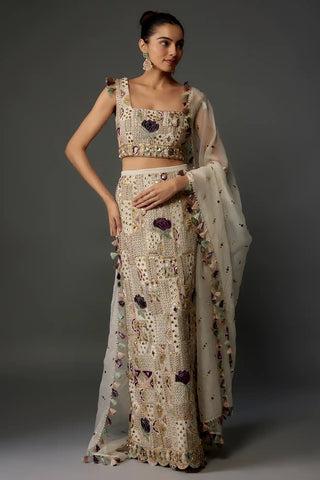 Off-white embroidered choli, skirt and dupatta