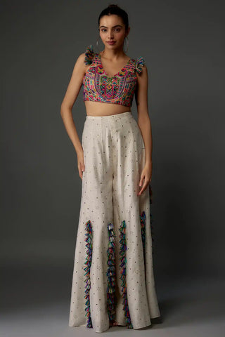 Off-white embroidered back tie-up choli and sharara