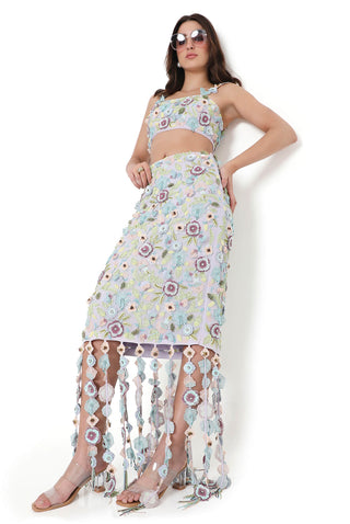 Lilac embroidered bustier and fitted skirt